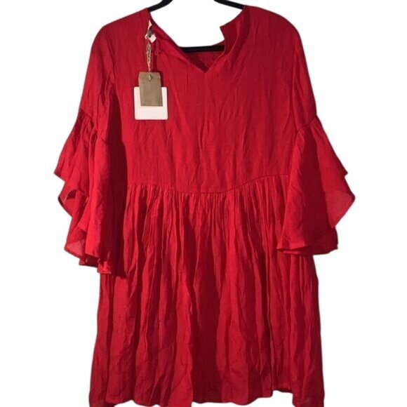Umgee USA Womens Red Embroidered Bell Sleeve Boho Dress M Rayon Flowy Fit - Picture 11 of 16